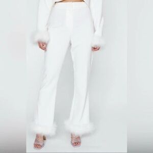 Nasty Gal White Flare Pants with Faux Fur Trim